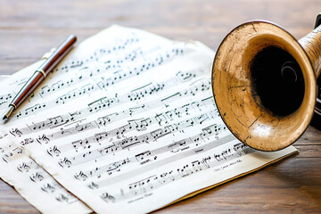 Naklejka premium an old phonograph horn speaker next to sheet music and a quill pen on a rustic desk