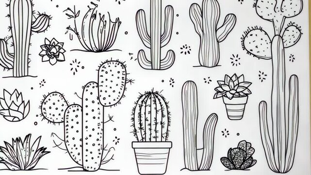 A hand-drawn illustration of various cactus species and succulents