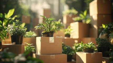 sustainable fulfillment with cardboard boxes and plants, symbolizing eco-friendly practices, recyclable packaging, and the integration of green logistics in an environmentally conscious system