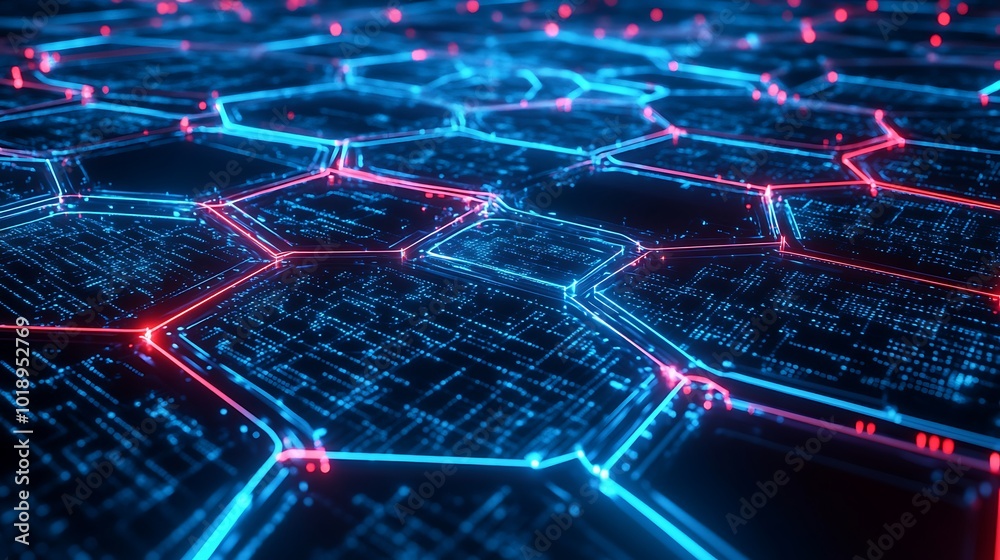 Poster Abstract futuristic technological background with glowing blue and red hexagonal pattern.