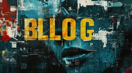 Abstract blue and yellow artwork featuring bold text and fragmented graphics.