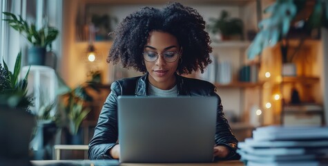 Confident woman in her thirties working at a desk with a laptop, wearing glasses and a brown jacket in a modern office setting
