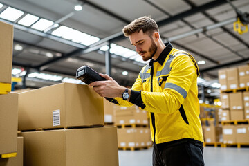 a warehouse worker using a handheld scanner to check inventory on stacked boxes