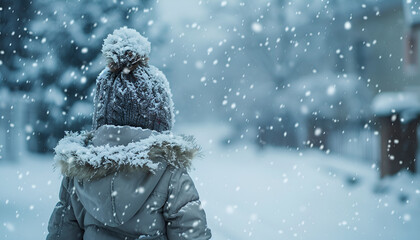 Winter photo of a child playing in the snow. The child is enjoying the winter scene. The child is playing outside against the winter background