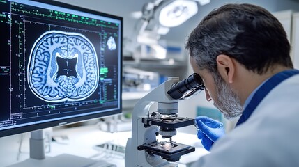 A scientist examines brain imaging data through a microscope, analyzing neural structures in a modern laboratory setting.
