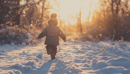 Winter photo of a child playing in the snow. The child is enjoying the winter scene. The child is playing outside against the winter background