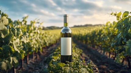 Fototapeta premium vineyard landscape with a white wine bottle mock-up, celebrating the natural origins of winemaking and the beauty of grape-filled fields, countryside, and the environment