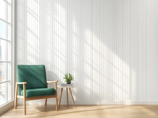 Fototapeta premium A green chair is sitting in front of a white wall