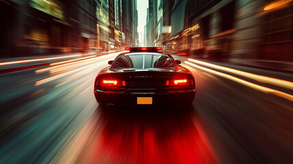 Fototapeta premium Police Car in High-Speed Chase Through City Streets with Motion Blur. Generative AI