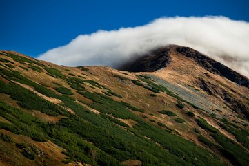 cloud pours over the hill