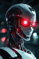 Fototapeta premium Futuristic robot with glowing red eyes, symbolizing advanced technology and artificial intelligence.