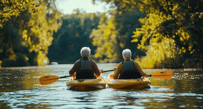 Elderly couple enjoying an outdoor adventure, kayaking through a scenic river surrounded by lush greenery on a sunny day - Powered by Adobe