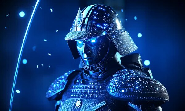 3 d rendering of a warrior with a sword in front of the night landscape