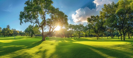 Lush Golf Course Surrounded by Majestic Trees in Radiant Sunshine