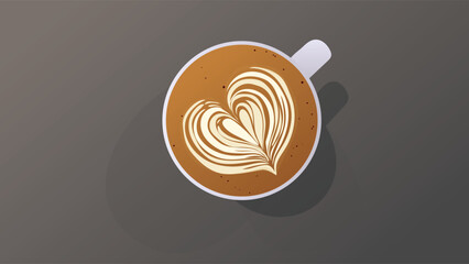 Heart pattern latte art vector illustration. Hot latte coffee in ceramic cup. top view. dark background. 
