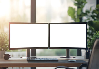 Blank white computer monitors are on a light wooden table, and a keyboard and brown leather chair are nearby design. 3D rendering design