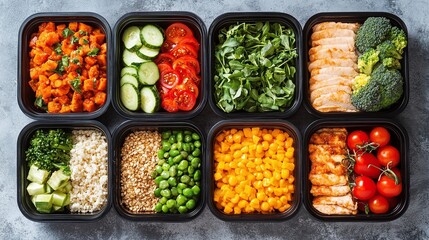 fitness-focused meal prep with containers filled with balanced portions of vegetables, grains, and proteins, ideal for portion control and maintaining nutritional balance in everyday meals