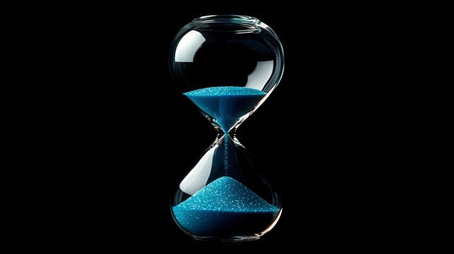 Hourglass is sand of time age, Life pour blue sand into hourglass to add more limited time. Deadline extended time management hope concept hour glass. Black background shadow life clock passing by 
