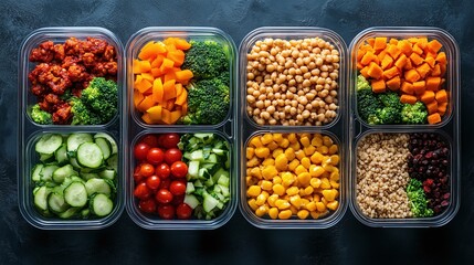 fitness-focused meal prep with containers filled with balanced portions of vegetables, grains, and proteins, ideal for portion control and maintaining nutritional balance in everyday meals