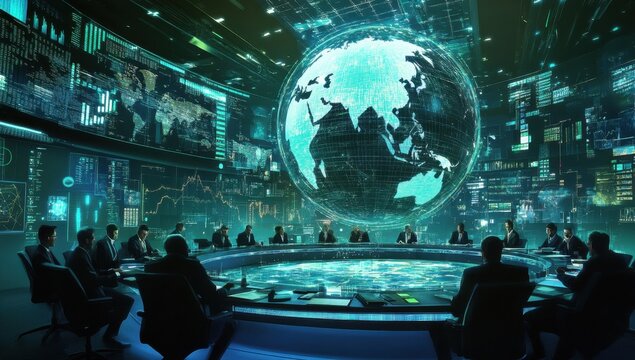 A digital globe surrounded by global business icons and graphs, floating above an international conference room filled with agents in suits at round tables discussing their plans Generative AI