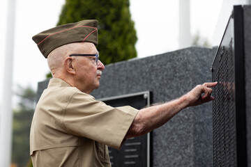 Senior Citizen military man at war memorial touch names