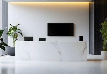 A blank white screen in a black frame is on a wooden wall behind the reception area in a modern eco-style office design. Mockup design