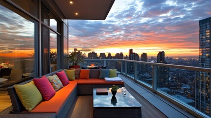 Obraz premium Sunset View from Balcony with Cozy Seating Area