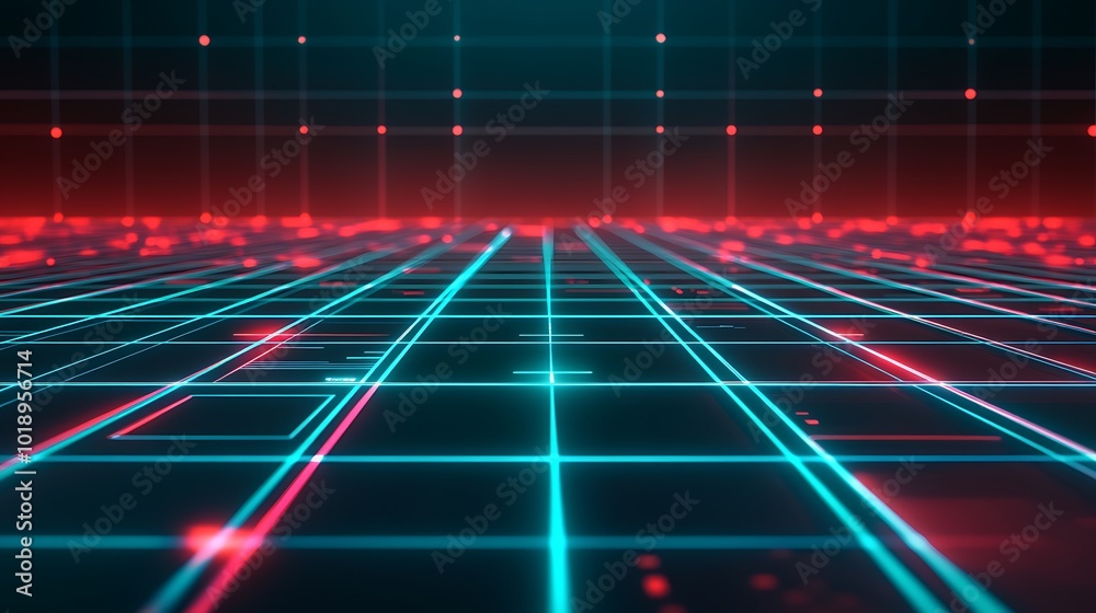 Aufkleber Abstract digital grid with glowing lines and red dots in the background.