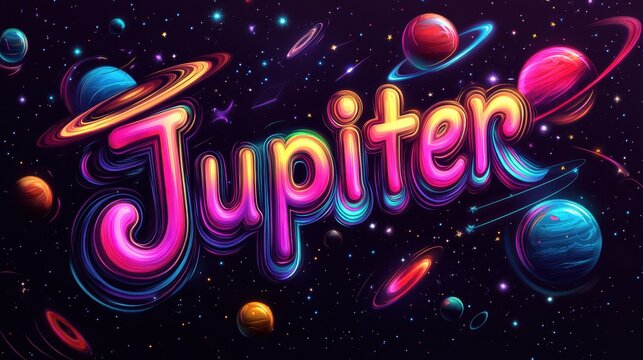 Colorful cosmic illustration spelling 'Jupiter' among vibrant planets and stars.