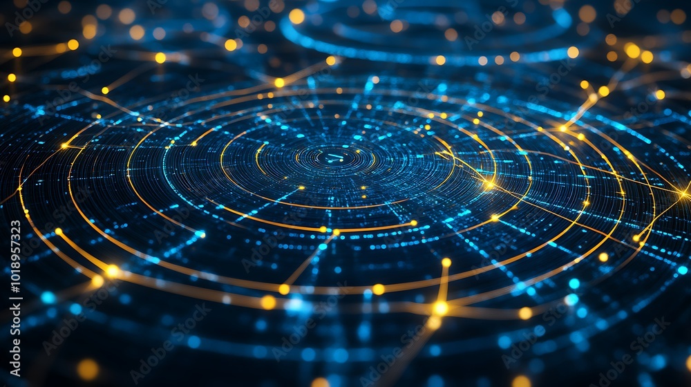Poster Abstract digital network with glowing points and lines in blue and yellow hues.