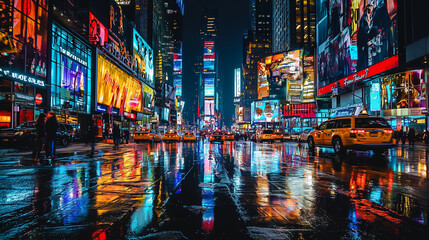 Bustling city at night with neon lights and skyscrapers