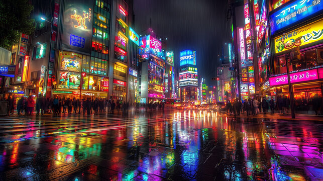 Tokyo Cityscape at Night with Neon Lights and Reflections
