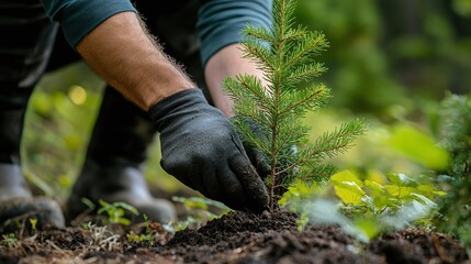 Fototapeta premium hands nurturing a young conifer in a forest, showcasing sustainable forestry practices, reforestation efforts, and ecosystem preservation, promoting nature conservation and soil protection