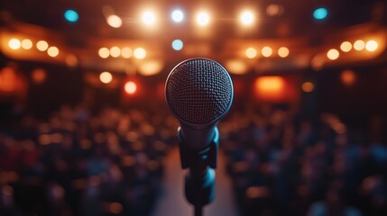 performance stage setup with microphone stand under bright spotlight, showing audience anticipation for a speech, talk, or live show in a packed auditorium