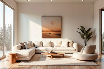 Modern living room interior, cozy sofa, minimalistic design, warm lighting