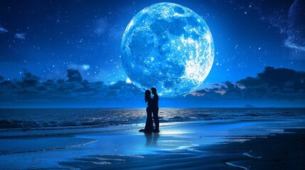 Enchanting moonlit beach  a serene scene of romance beneath a glowing blue moonlit ocean