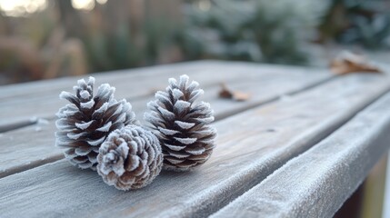 A close-up of frosted pine cones resting on a wooden table, showcasing winter's beauty in nature.