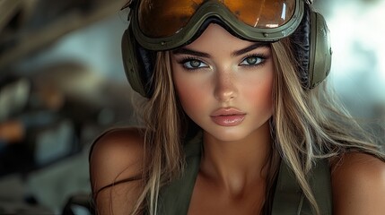 Naklejka premium Woman in Military Green Tanker Uniform and Helmet Sitting on Tank – Strong and Confident Pose in Military-Themed Photography with Tactical Gear