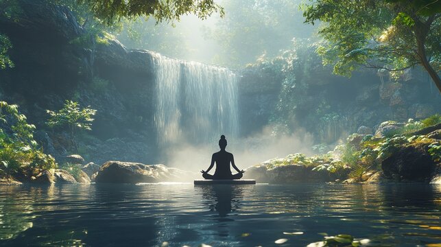 mental well-being techniques with guided meditation and relaxation in a serene, natural setting, fostering emotional balance, peace, and rejuvenation