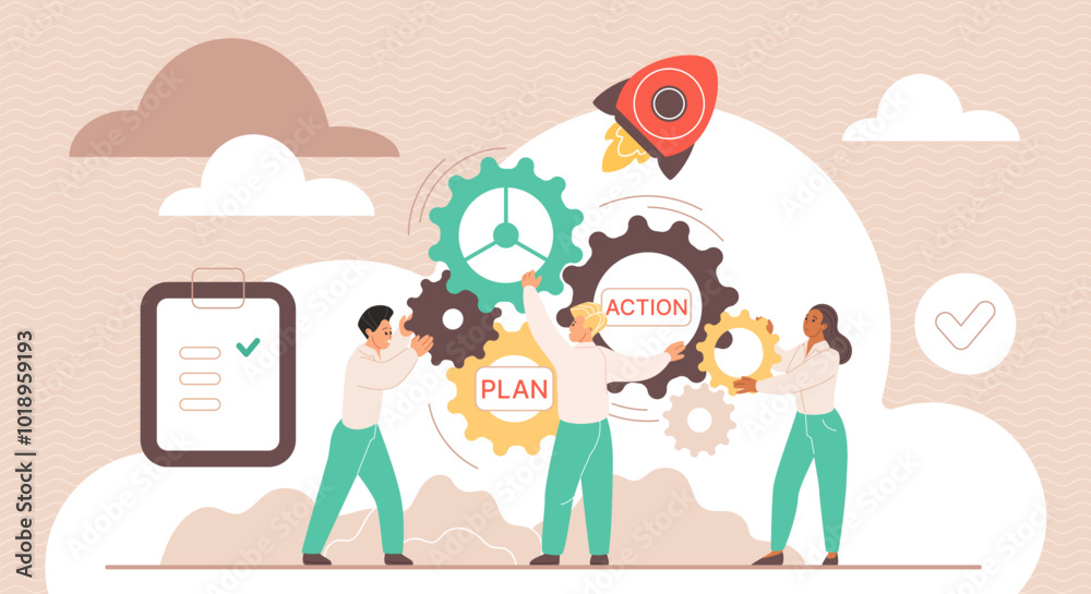 Poster Action plan for business project implementation by team of employees, teamwork achievement. Tiny people move system of gears together, work to implement success solution cartoon vector illustration
