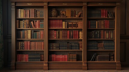 classic oak wood bookcase with hardcover books offering an elegant and intellectual background for virtual meetings, video calls, and professional settings