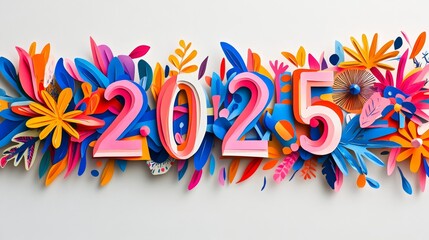 A vibrant design featuring the year "2025" surrounded by colorful, stylized flowers and foliage, symbolizing celebration and renewal.