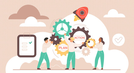 Action plan for business project implementation by team of employees, teamwork achievement. Tiny people move system of gears together, work to implement success solution cartoon vector illustration © lembergvector
