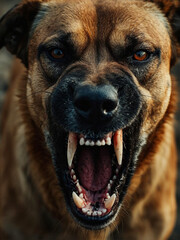 Obraz premium Angry dog charging and barking, he looks mean and upset, about to bite an intruder. Close-up portrait, realistic style