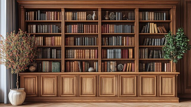 classic oak wood bookcase with hardcover books offering an elegant and intellectual background for virtual meetings, video calls, and professional settings