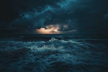 A stormy ocean with a large wave and a lightning bolt in the sky, generative ai image