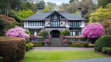 Naklejka premium A contemporary home features a stone terrace adorned with flower pots, large black-framed windows, and garden views under a clear blue sky, creating a serene outdoor space