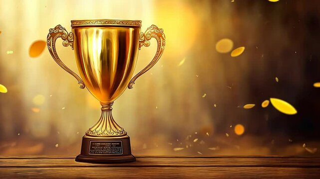 A gold trophy sits on a wooden table in front of a golden background with sparkling lights