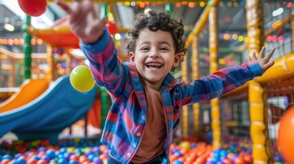 Happy child playing in an indoor ball pit, arms wide open.