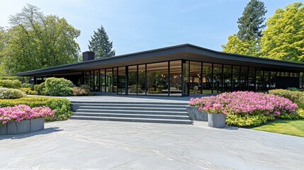 Fototapeta premium A contemporary home features a stone terrace adorned with flower pots, large black-framed windows, and garden views under a clear blue sky, creating a serene outdoor space